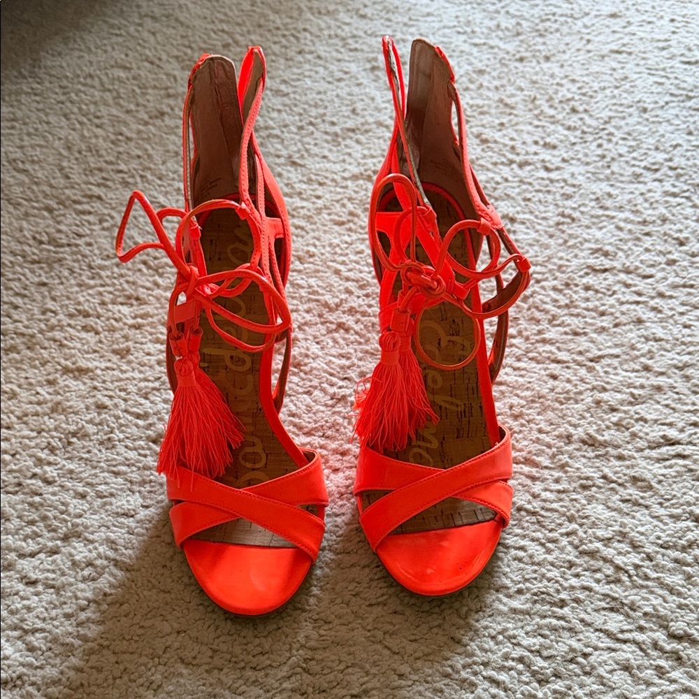 Sam Edelman Neon Orange Lace-Up Tassel High Heels